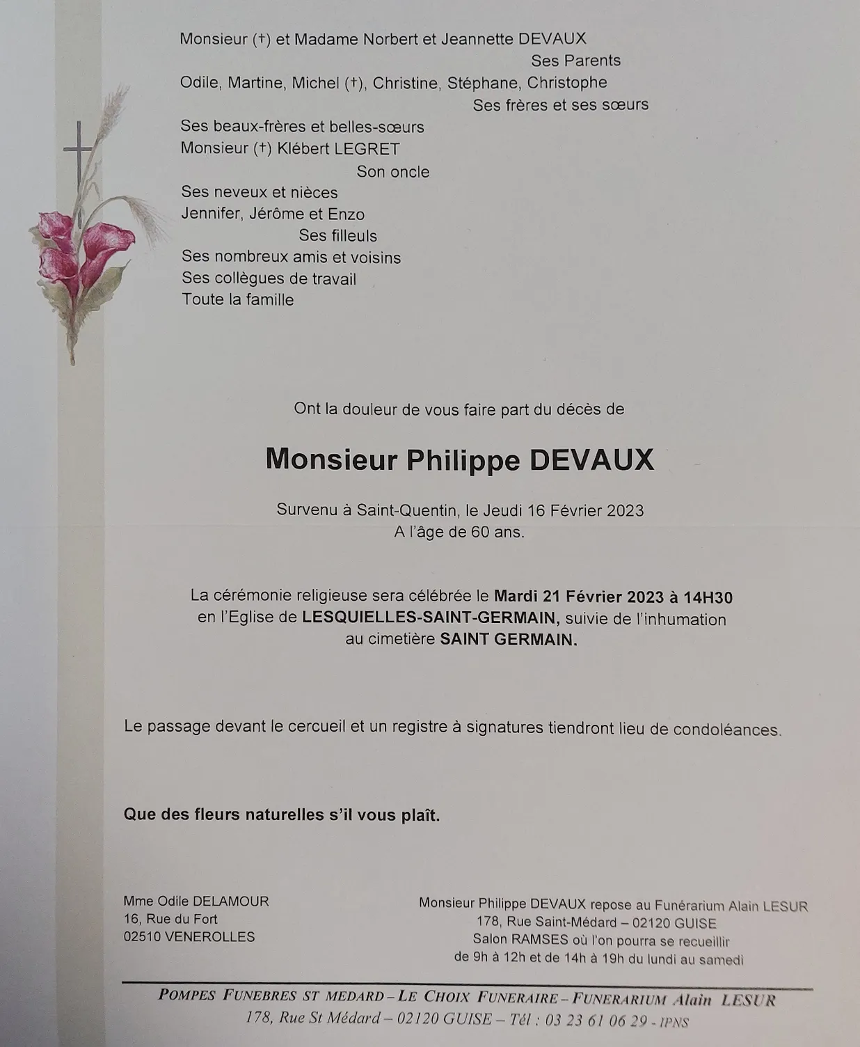 Avis de décès de Philippe DEVAUX Cybille